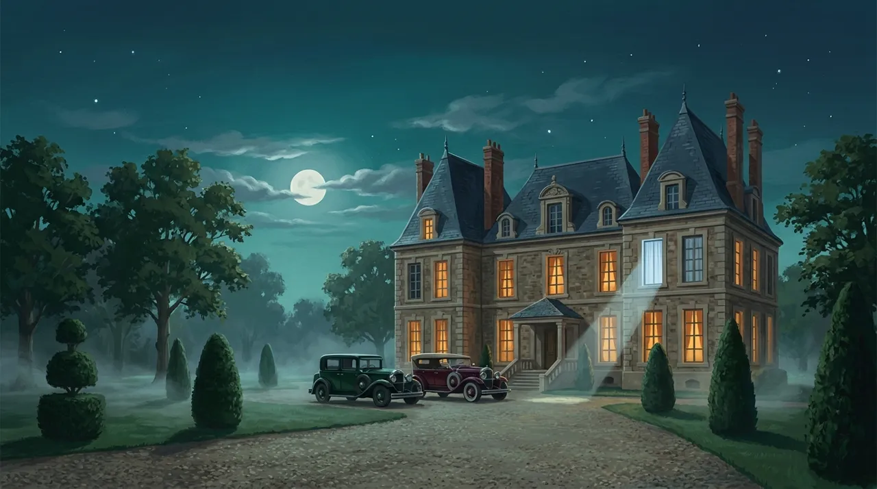 Un manoir la nuit, fenêtres éclairées