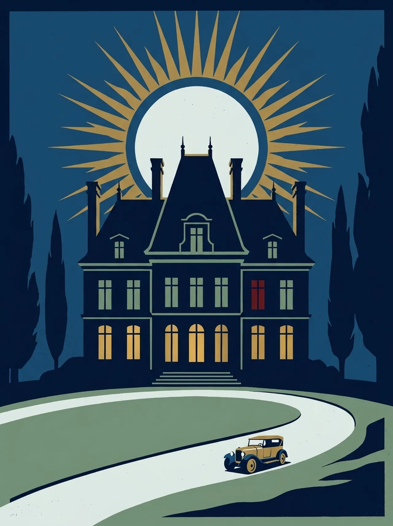 Affiche Art déco : le manoir sous la lune
